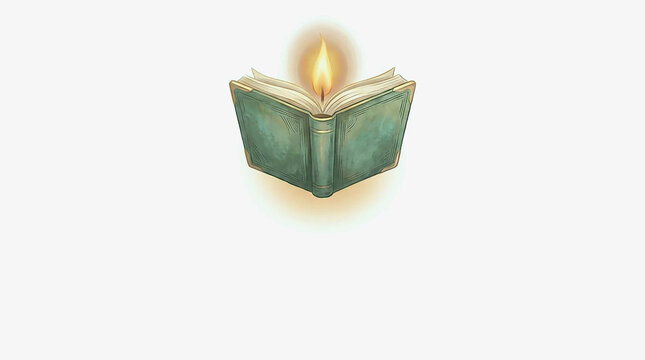 Open book with glowing candle flame in center isolated on light background, illustration for education, knowledge, wisdom, reading and library concept design