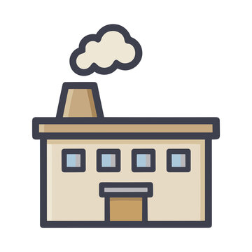 Factory building with smoke from chimney icon