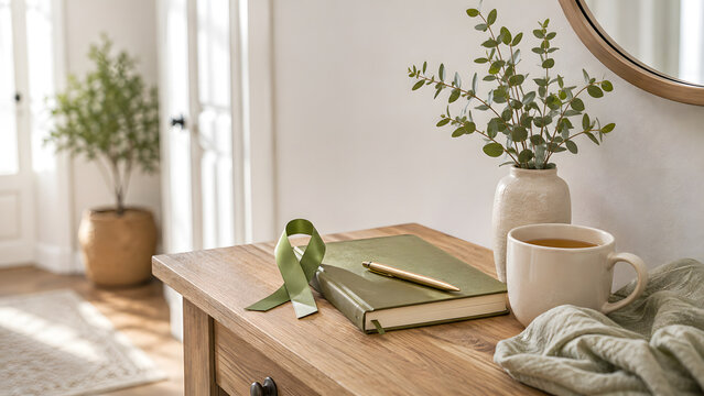 Green awareness ribbon with journal, pen and herbal tea arranged on a wooden entryway table for a calm self-care concept
