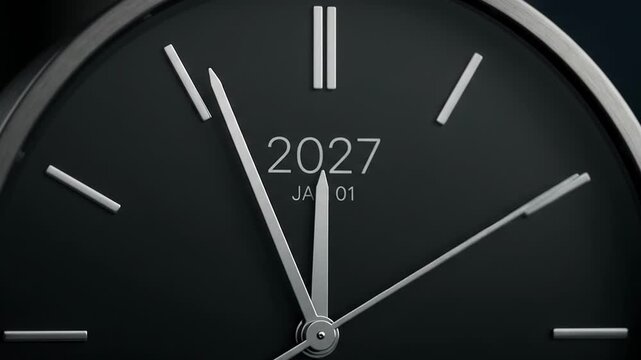 Static shot of clock showing minute hand moving towards new year in dimly lit room