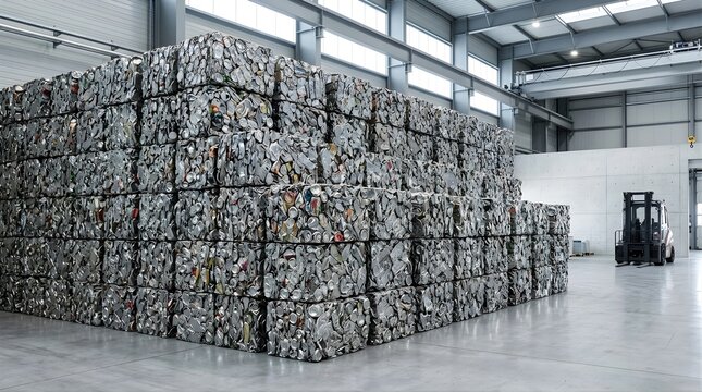 Compressed metal waste cubes stacked inside an industrial recycling warehouse