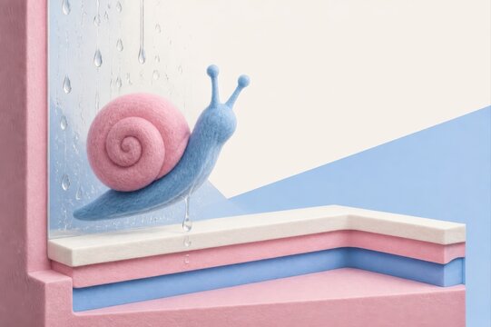 Pastel snail on rainy window sill with soft whimsical decor