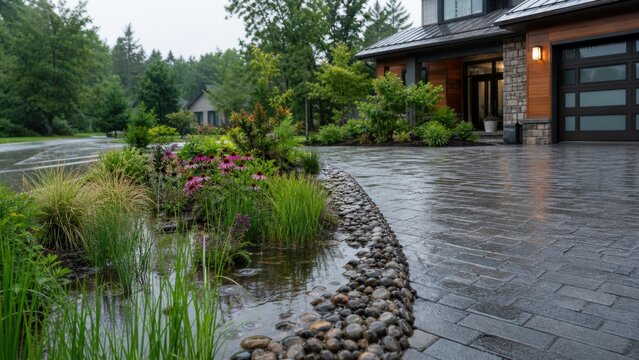 A rain garden and permeable driveway absorbing heavy storm runoff, elevated commercial overview, for climate communication and stock use