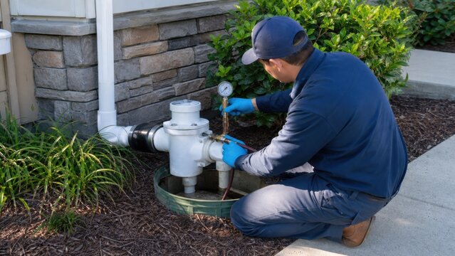 A plumber testing a residential sewer backflow prevention valve, elevated commercial overview, for public information and commercial use