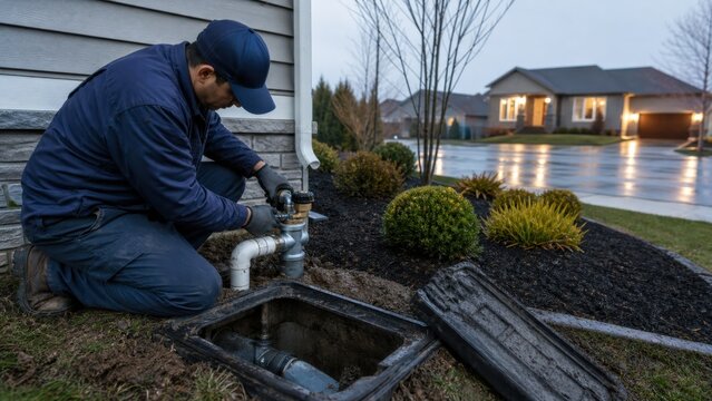 A plumber testing a residential sewer backflow prevention valve, cinematic news banner view, for reports, campaigns and editorial design