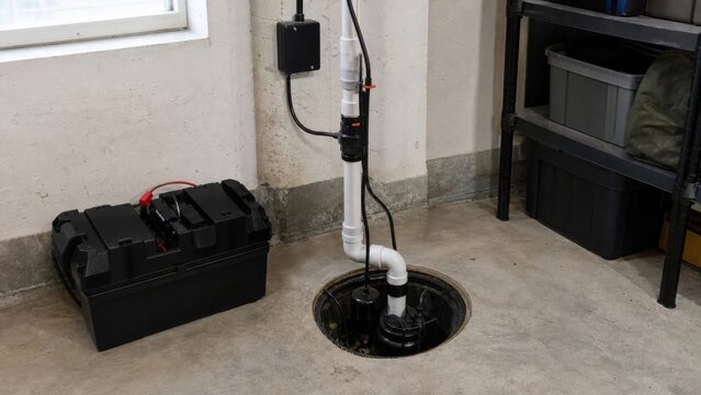 A battery-backed sump pump installation in a clean basement utility room, medium documentary view, for climate communication and stock use