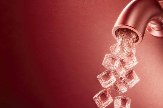 Rose Gold Faucet Pouring Ice Cubes in a Pink Minimal 3D Render