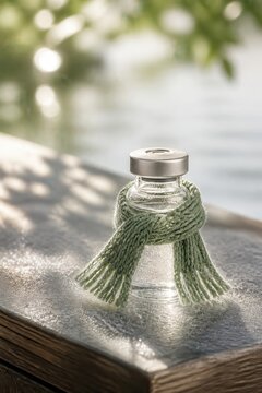 Soft light glass vial wrapped in a knitted scarf on a sunlit surface