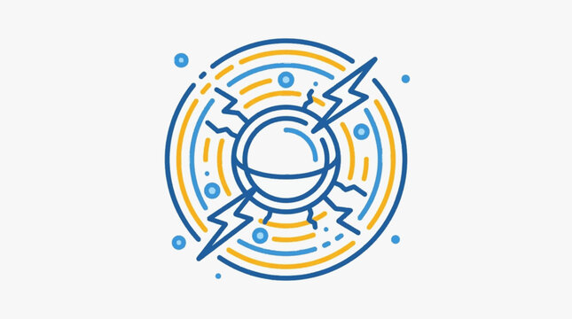 Abstract circular vector logo featuring a central sphere with lightning bolt icons and concentric dashed circular lines in blue and orange colors on a white background.