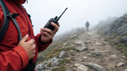 Obraz premium A guide making a radio check beside a fog-covered alpine trail, tactile contextual closeup, for reports, campaigns and editorial design