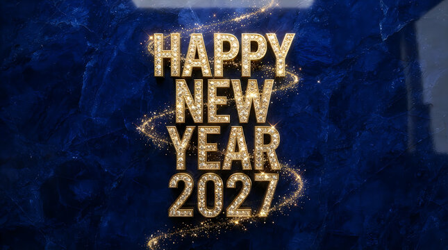 Happy new year 2027 gold text with glowing lights on a dark blue background