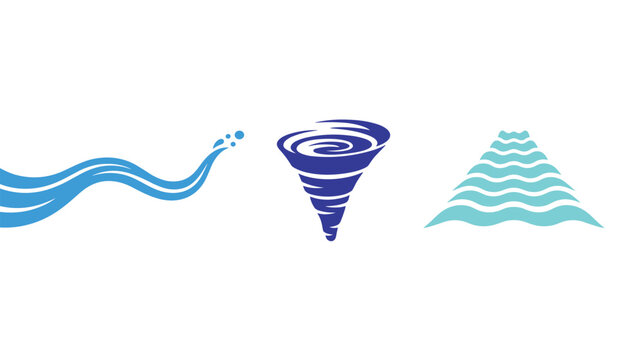 Three blue elemental icons representing wind gust, twisting tornado, and tiered water waves over a plain white background.