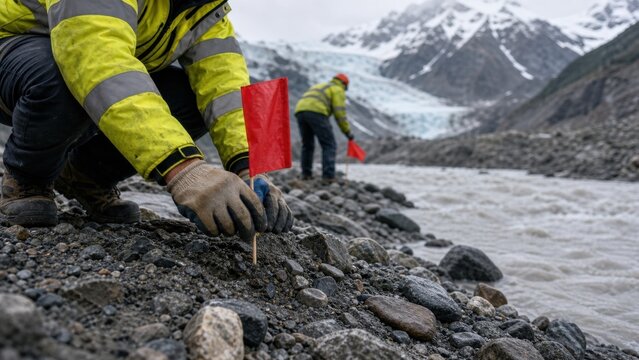 Emergency workers placing generic hazard markers near an unstable glacial riverbank, close practical detail, for news and report layouts