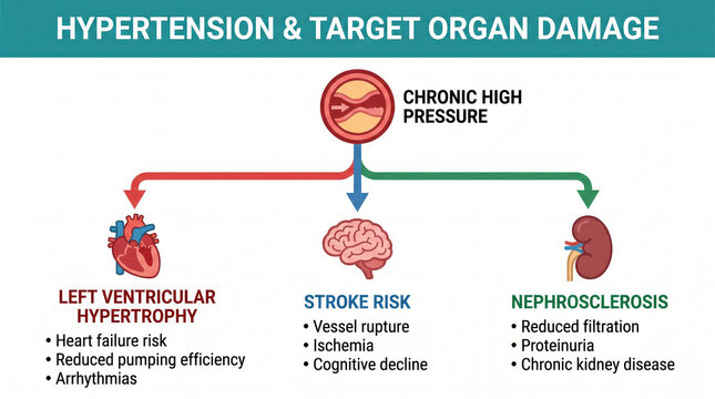 Hypertension's impact on heart, brain, and kidneys illustrated