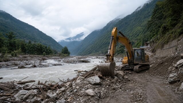 A tracked excavator clearing a washed-out mountain road after a destructive flood, wide establishing view, for news and report layouts