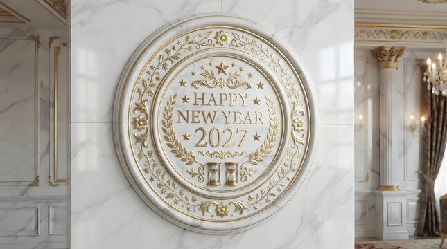 Decorative silver plate with happy new year 2027 greeting text and elegant floral relief patterns