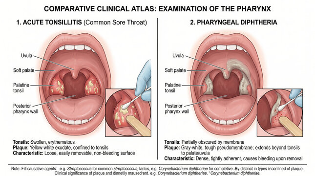 Comparing acute tonsillitis and pharyngeal diphtheria in medical illustration