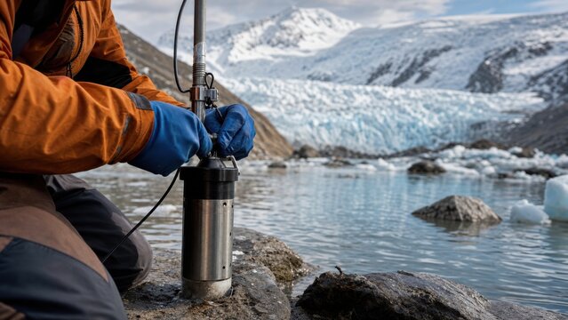 Scientists servicing a remote glacial lake level sensor beneath an ice-covered peak, close practical detail, for news and report layouts