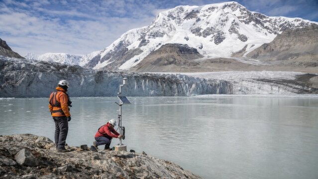 Scientists servicing a remote glacial lake level sensor beneath an ice-covered peak, elevated three quarter view, for commercial stock use