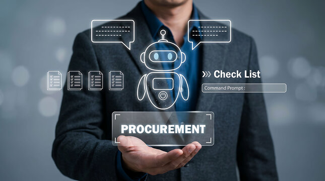 Businessman interacting with digital AI chatbot and procurement check list concept