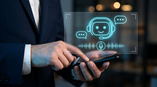 Businessman interacting with artificial intelligence virtual assistant on mobile