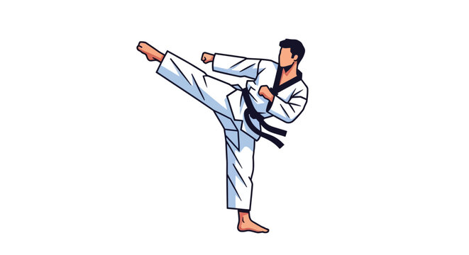 Man in karate uniform kicking high.
