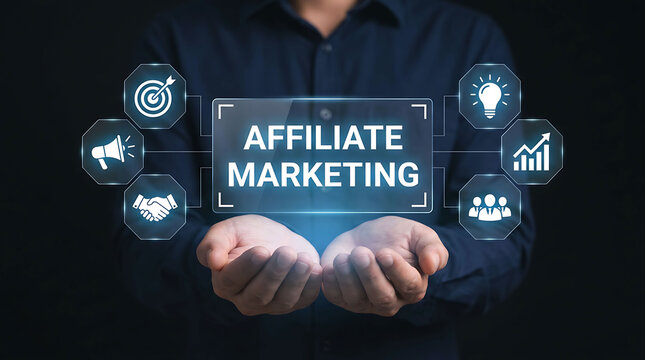 Businessman holding digital screen with affiliate marketing and business icons