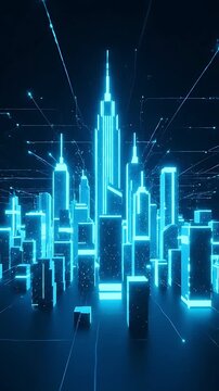 Glowing Futuristic Cityscape Animation with Connecting Lines and Digital Network Effect. Seamless Looping Motion Graphics.