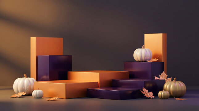 Autumn pumpkins and geometric platforms create a seasonal display scene