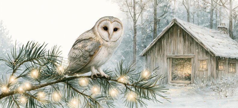Barn owl perched on pine branch strung with warm lights, watercolor cabin with glowing stone fireplace behind, snowy forest, clean sky for text
