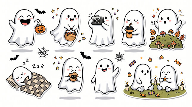 Cartoon ghosts with halloween elements on a white background