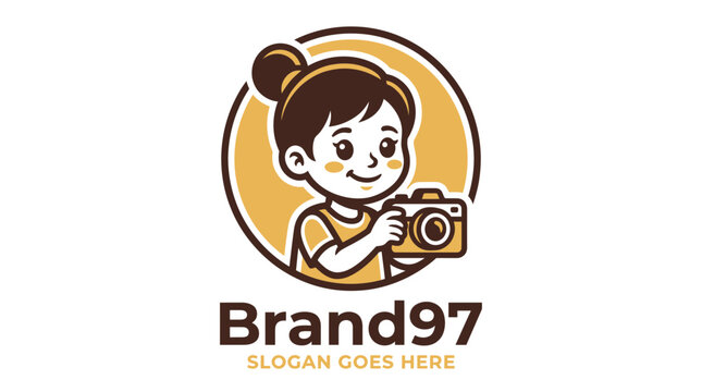 Cute cartoon girl photographer holding a camera logo mascot design.