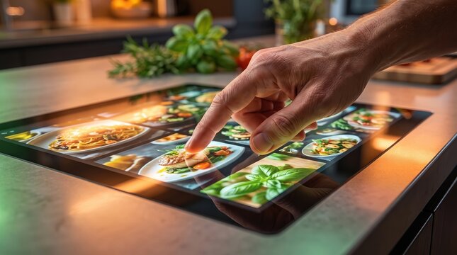 Smart kitchen digital interface with hand touching recipe screen on modern countertop