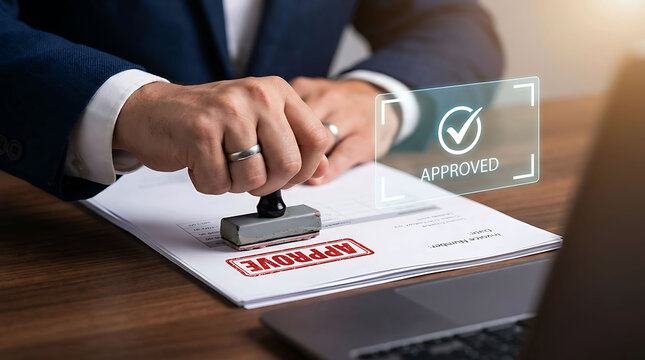 Businessman stamping approved document with digital verification overlay interface