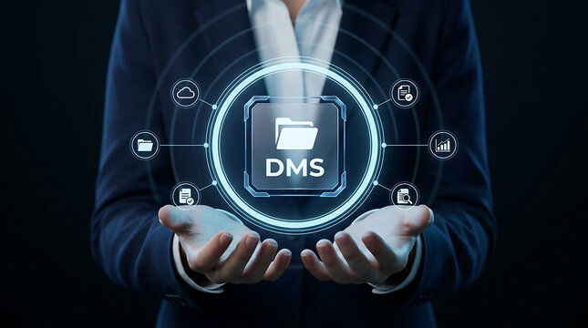 Professional holding digital DMS document management system interface in hands