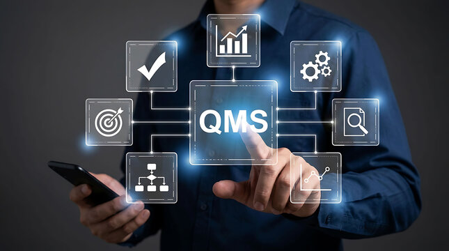 Businessman interacting with digital QMS quality management system interface
