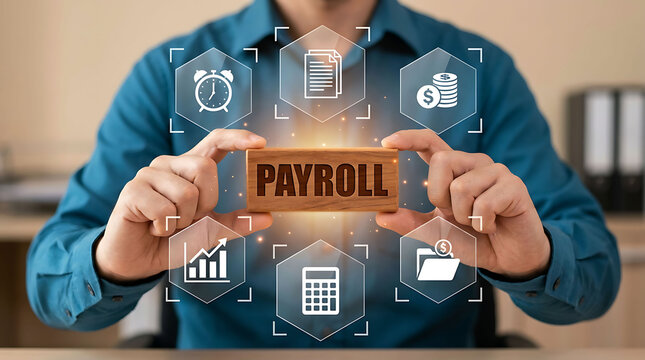 Businessman holding payroll wooden block with digital icons and management tools
