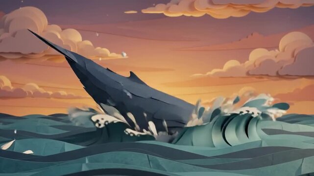 Slow motion of whale breaching and splashing in ocean at sunset