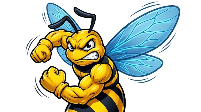 Aggressive cartoon bee character with clenched fists and fierce expression