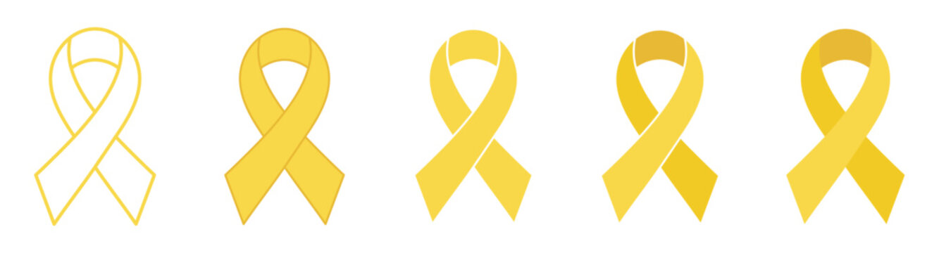 Yellow awareness ribbon illustration set isolated. Campaign symbol. Vector clip art collection. Suicide prevention, mental health, endometriosis, sarcoma, bones cancer, Maio, Julho, Setembro Amarelo