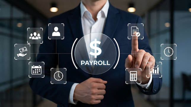 Businessman interacting with digital payroll and HR interface in office