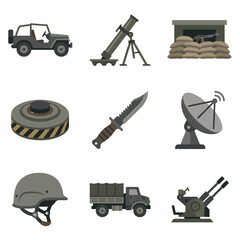 Obraz premium Military equipment collection featuring various army vehicles and weaponry.
