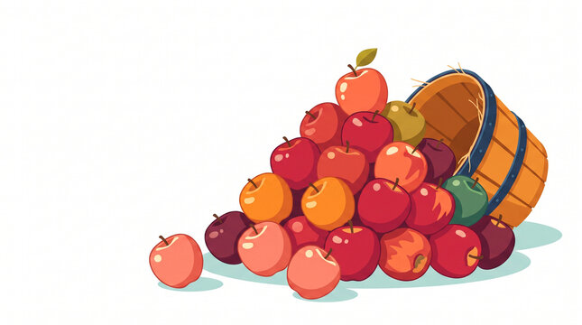 Pile of colorful apples next to a wooden basket on a flat surface  