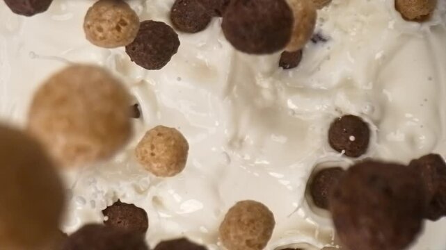 Chocolate corn balls falling into milk with splash in super slow motion top view