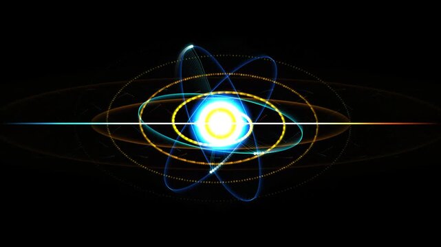 Abstract atom model animation with glowing orbital rings and energy core for science and technology projects