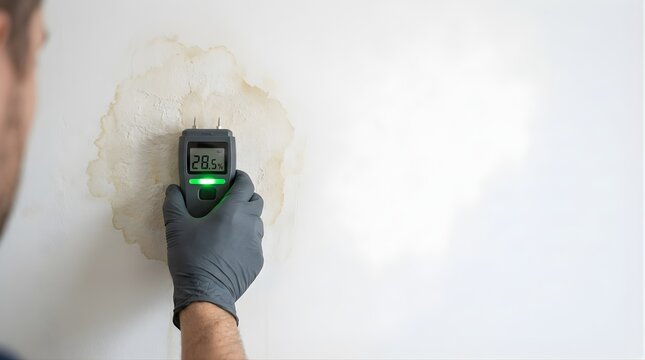 Professional moisture meter testing water damage on a wall at home