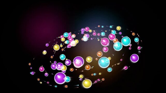 Abstract colorful glowing spheres orbiting in circular motion dynamic particle background, animation orbs