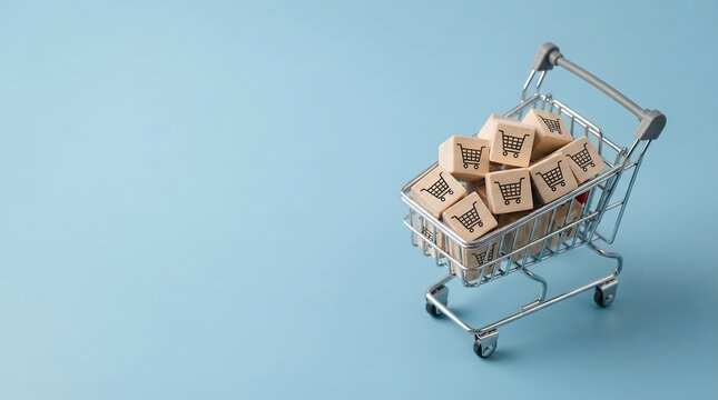 Small metal shopping cart filled with wooden blocks featuring printed cart icons on light blue background with containing wooden cubes symbols against light miniature shopping e commerce business
