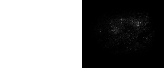 Naklejka premium Abstract white dust particles on black background, grainy texture overlay, cinematic monochrome spray effect for design