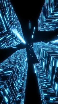 Abstract Glowing Cube Tunnel Animation with Fractal Patterns and Neon Light Trails, Creating a Futuristic Digital Effect.